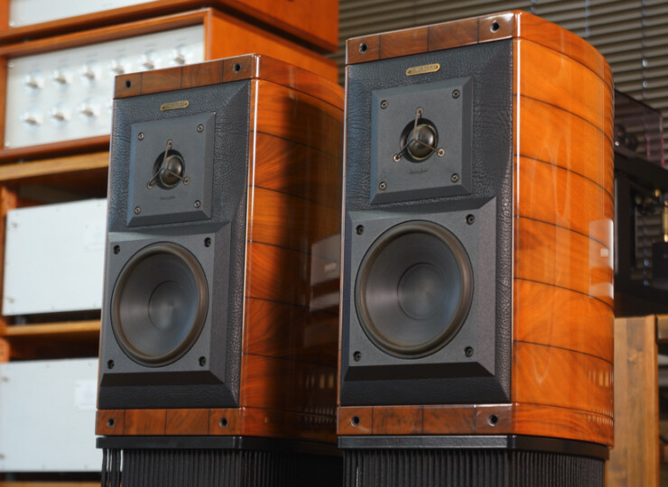 Pair of tall wooden veneer stereo speakers with black speaker drivers in a showroom.