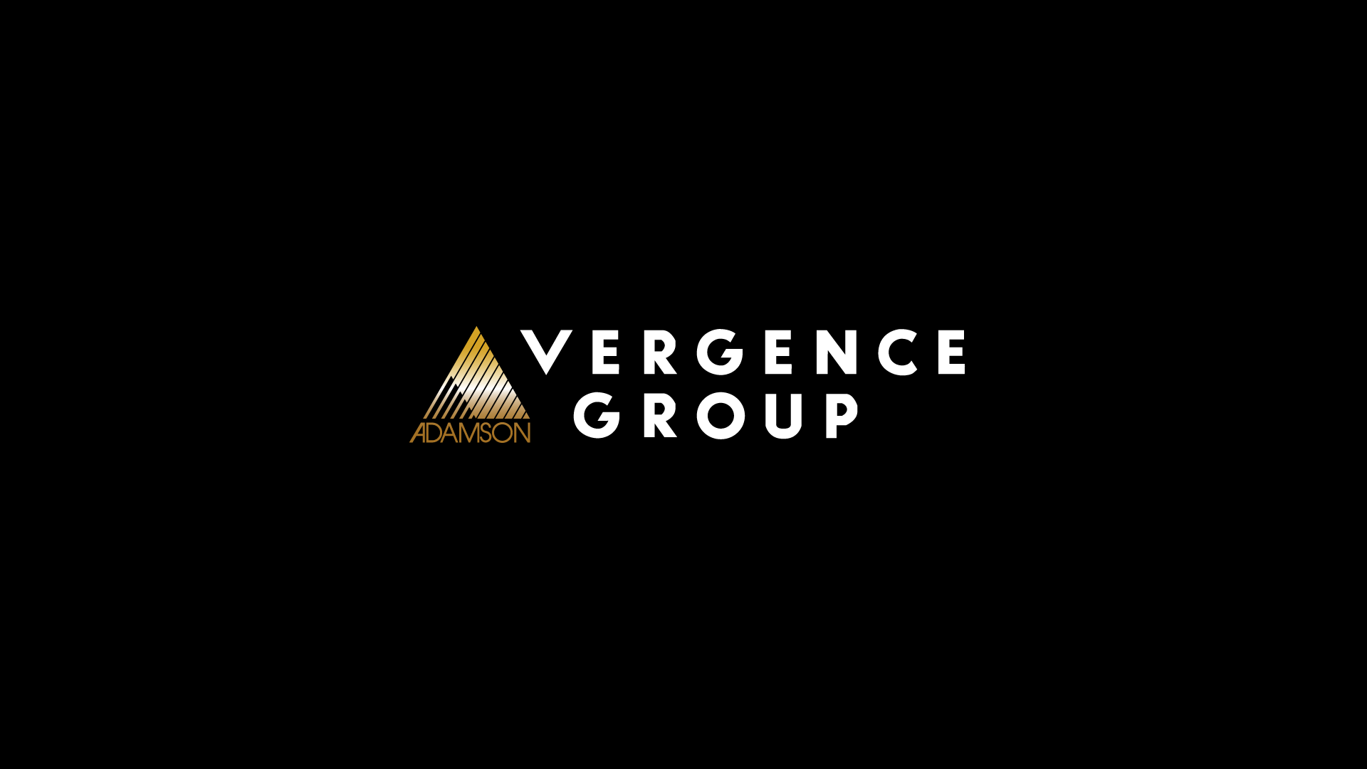 Logo: gold gradient triangle with diagonal lines and the word 'ADAMSON', next to 'VERGENCE GROUP' in bold white uppercase on a black background.