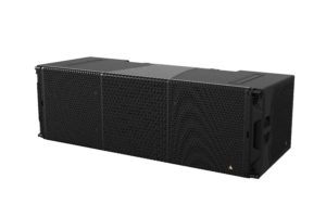 VGx_FRONT | リワイアー株式会社 | REWIRE INC. Black professional loudspeaker cabinet with a hexagonal grille in a three-quarter view