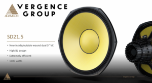 adamson_sd21.5 | リワイアー株式会社 | REWIRE INC. Banner for Vergence Group: Adamson logo with a large yellow speaker cone and the SD21.5 specs listed on the left side.